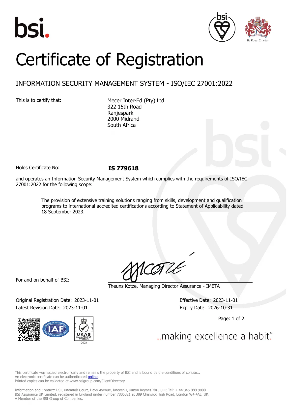 BSI certificate of registration IS 779618 for Mecer Inter-Ed, ISO/IEC 27001:2022